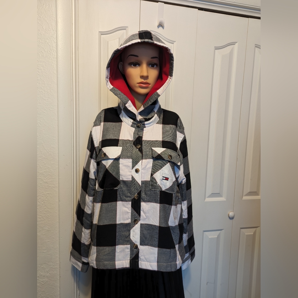 Tommy Jeans Women's Plaid Fleece Lined Hooded Shirt Jacket White Size large.